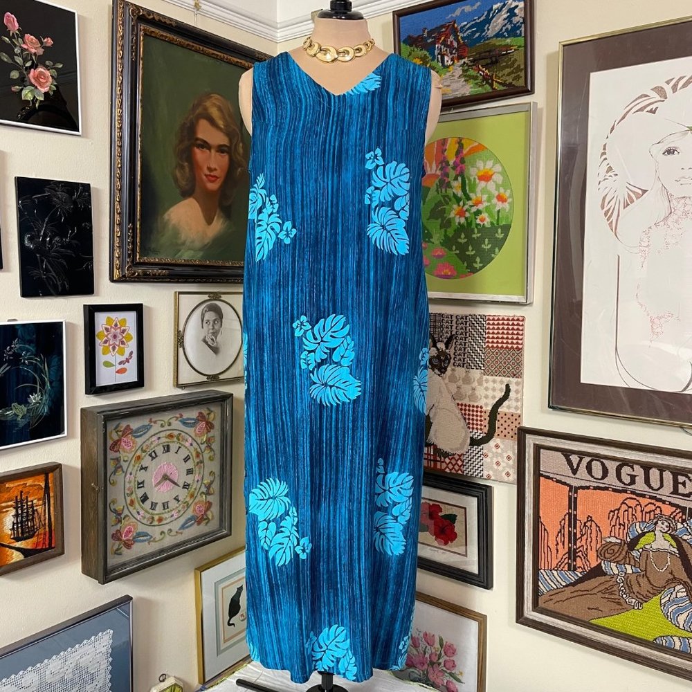 Hilo Hattie Blue 100% Rayon Sleeveless Scoop Neck Maxi Dress Handmade in Bali 2X